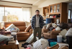 散らかった部屋に佇む男性