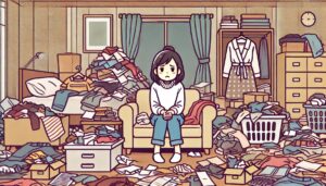 部屋の状態に困っている人のイラスト