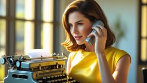 タイプライターと電話をかける女性