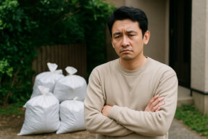 土のう袋と困っている男性