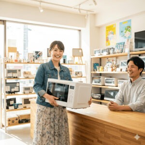 電子レンジをリサイクルに出す女性