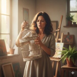 鳥かごの処分に困った表情の女性。