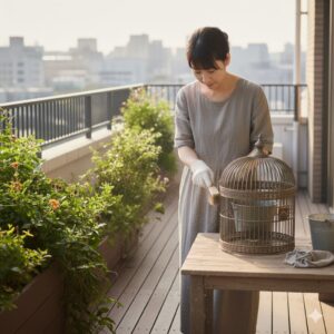 鳥かごを掃除する女性。