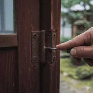 古い扉を取り外す様子。蝶番にドライバーを当てて外そうとしている。