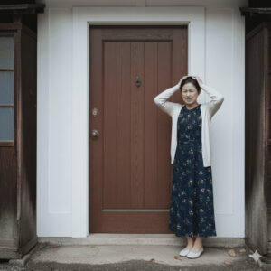 古い扉の前で困った表情をする女性