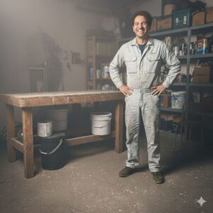 倉庫のゴミである塗料の缶が無くなって嬉しい表情をした男性