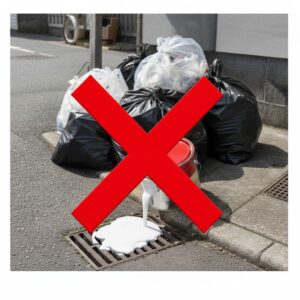 塗料を側溝に流す様子。バツ印が上に書かれていて注意喚起をしている画像。