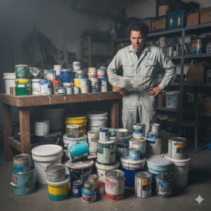 塗料の缶が大量にあって困っている男性