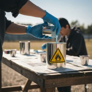 塗料を別の缶に移している様子