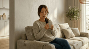 古い椅子に座っている暗い表情の女性