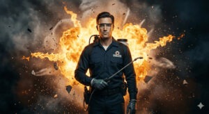 害虫駆除業者のイメージ。背景は爆発。