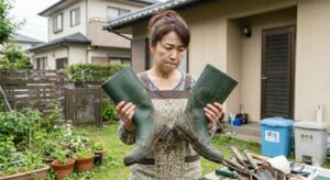 長靴の処分に悩む女性。長靴を手にもって家の前で見つめている様子。