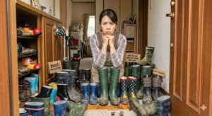 玄関に長靴があふれて困っている女性。