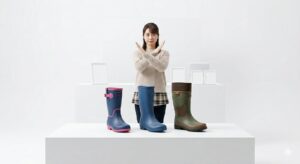 女性が胸の前でバツを作っている。その手前に長靴が3足並んでいる。