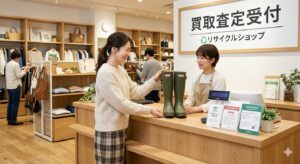長靴をリサイクルショップに持ち込む女性。