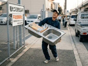 流し台を運ぶ男性
