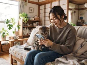 猫と人間が一緒にスマホ画面を見ている