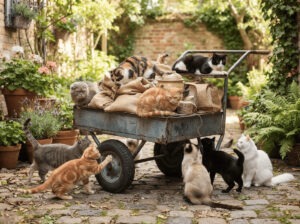 手押し車に群がる猫