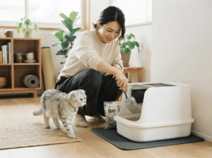猫砂を変える様子。猫が様子を見に来ている。