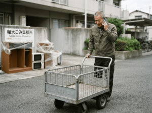 リヤカーを粗大ごみに出そうとしている人