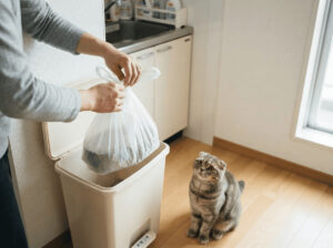 猫砂を袋にまとめてゴミ箱に入れる様子